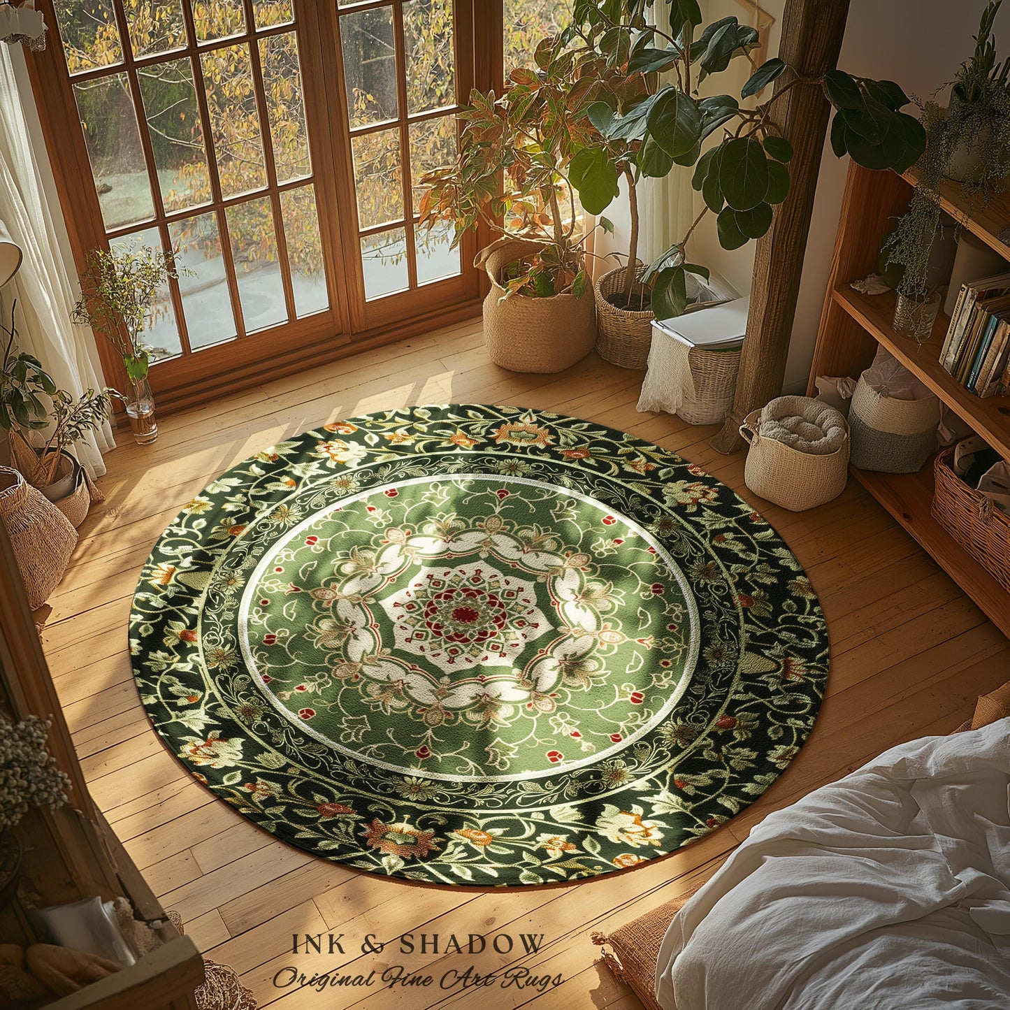 Boho Olive Green Round Floor Rug | Classic Ornate Victorian Rug With Sage Green Detail Accent Bohemian Aesthetic For Cozy Reading Nook Boho