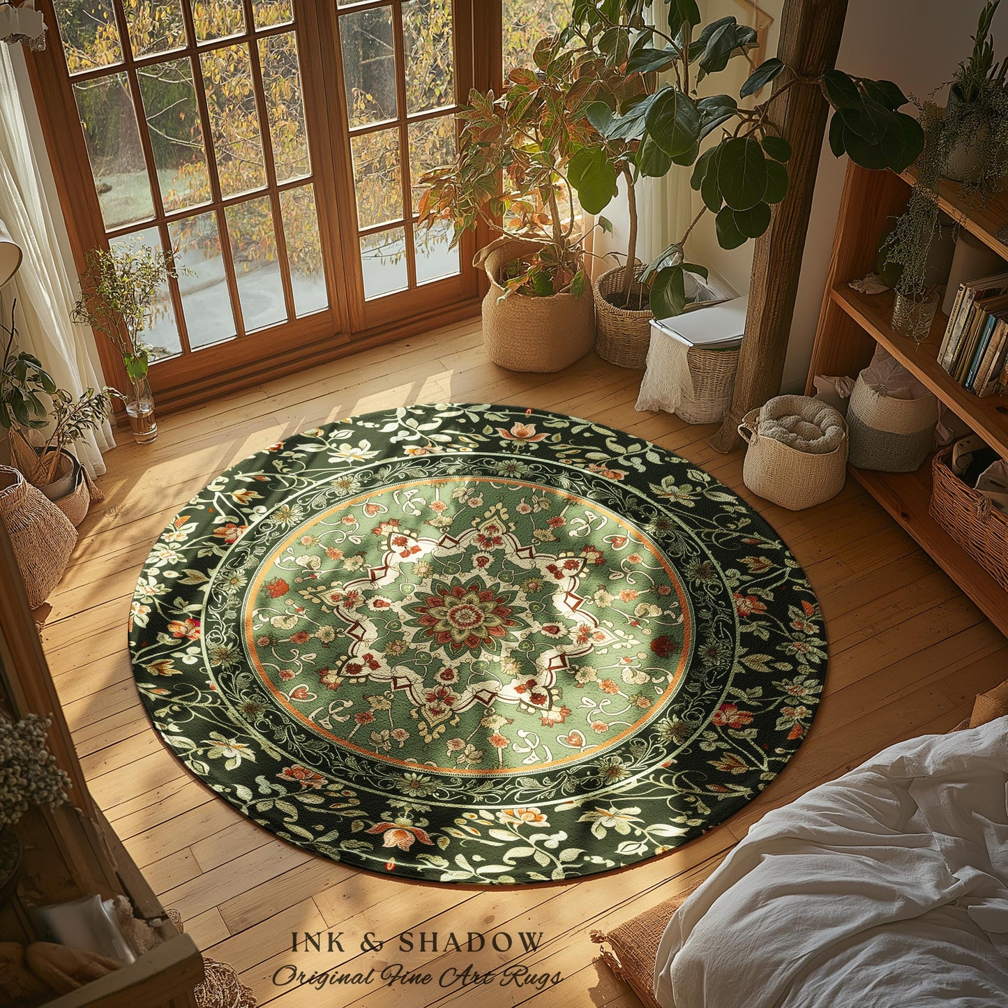 Ornate Floral Medallion Sage Green Round Rug Antique Persian Style Ethereal Botanical Elegance, Vintage Victorian Gothic Cottagecore Unique