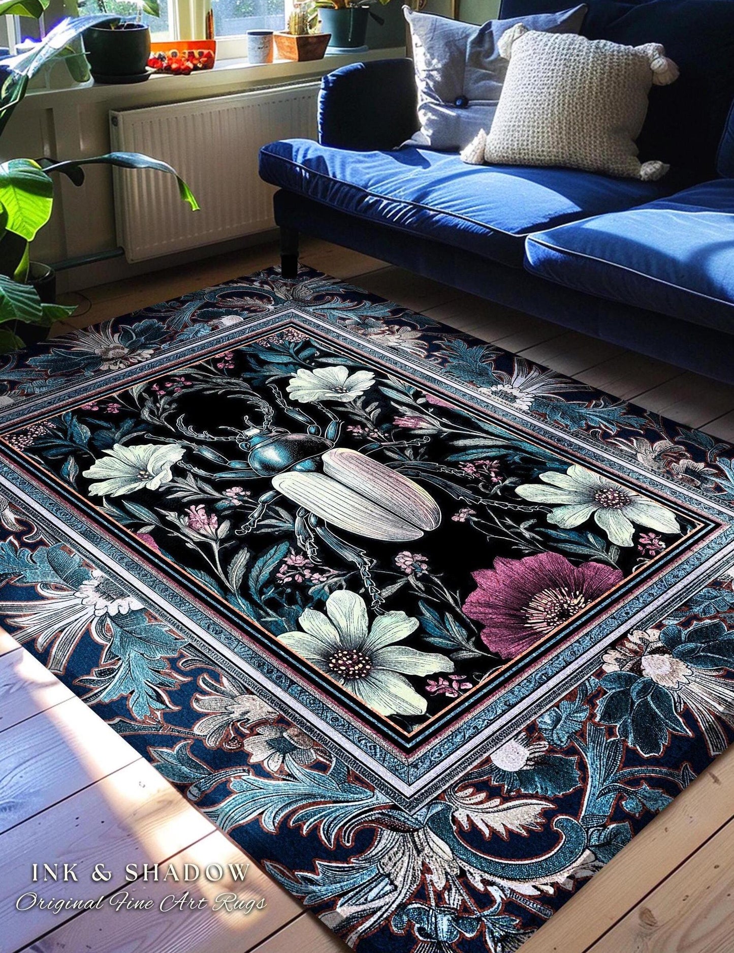 Victorian Gothic Scarab Beetle Rug Enchanted Dark Botanical | Whimsigothic Floral Art Nouveau Fairycore Cottagegoth Indigo Blue Insect Decor