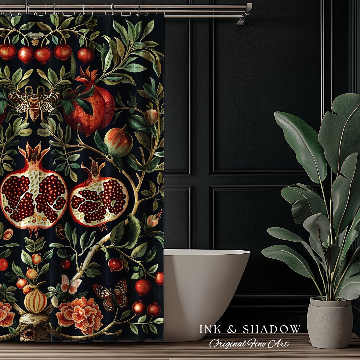 Botanical Pomegranate Shower Curtain Enchanted Floral Whimsigothic | Dark Academia Woodland Gothic Vintage Cottagegoth Bathroom Occult Decor