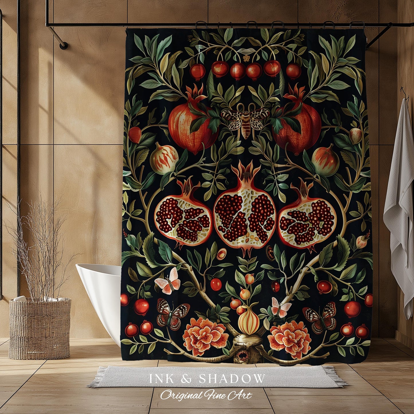 Botanical Pomegranate Shower Curtain Enchanted Floral Whimsigothic | Dark Academia Woodland Gothic Vintage Cottagegoth Bathroom Occult Decor