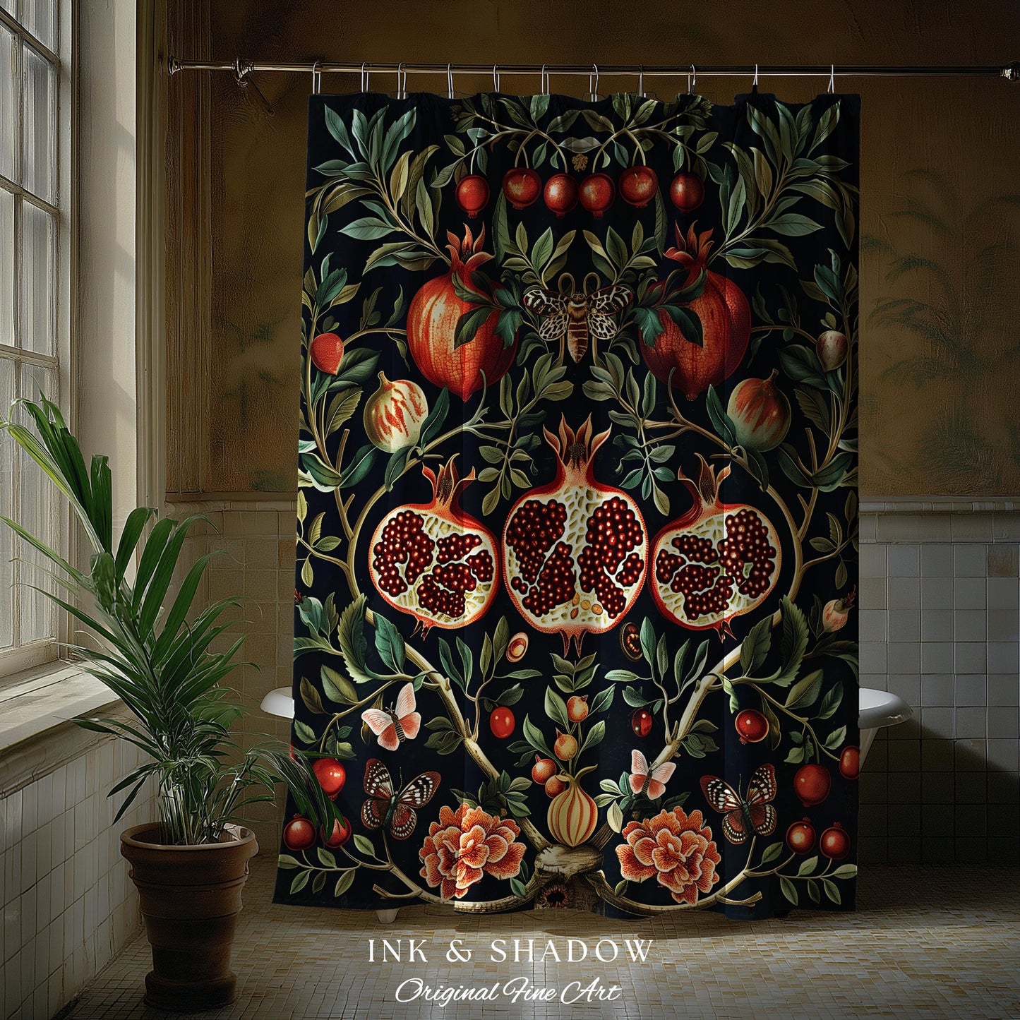 Botanical Pomegranate Shower Curtain Enchanted Floral Whimsigothic | Dark Academia Woodland Gothic Vintage Cottagegoth Bathroom Occult Decor