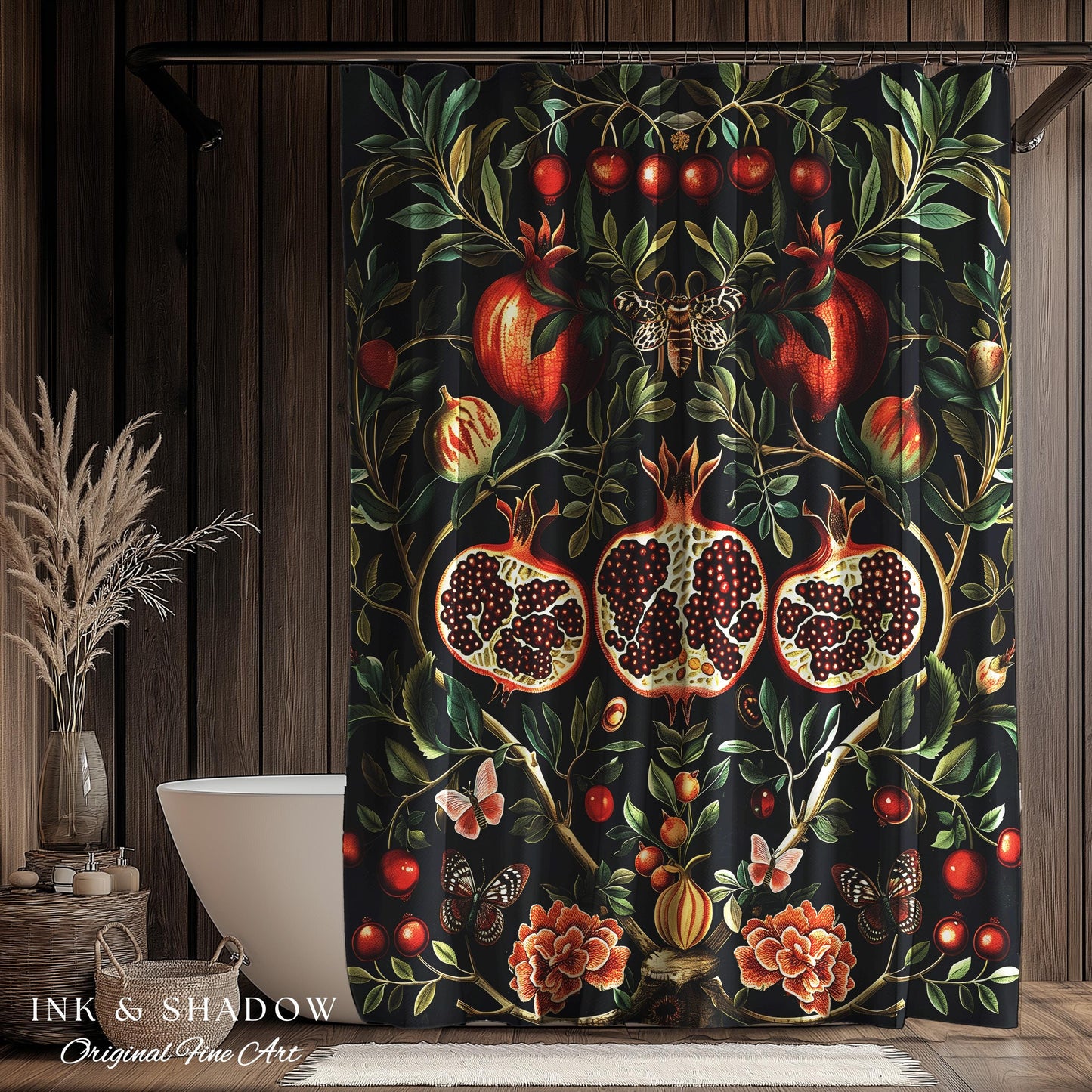 Botanical Pomegranate Shower Curtain Enchanted Floral Whimsigothic | Dark Academia Woodland Gothic Vintage Cottagegoth Bathroom Occult Decor
