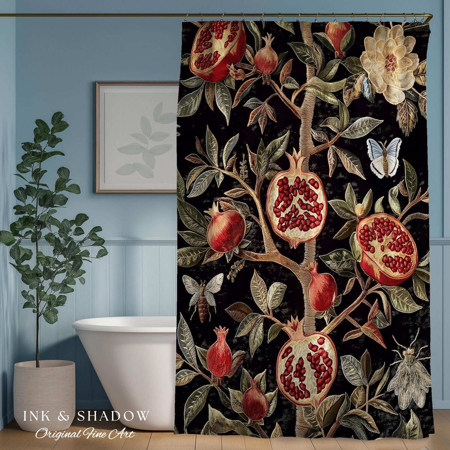 Gothic Pomegranate Shower Curtains Mystical Botanical | Baroque Inspired Dark Academia Floral Butterfly Fruit Whimsigothic Bathroom Decor |