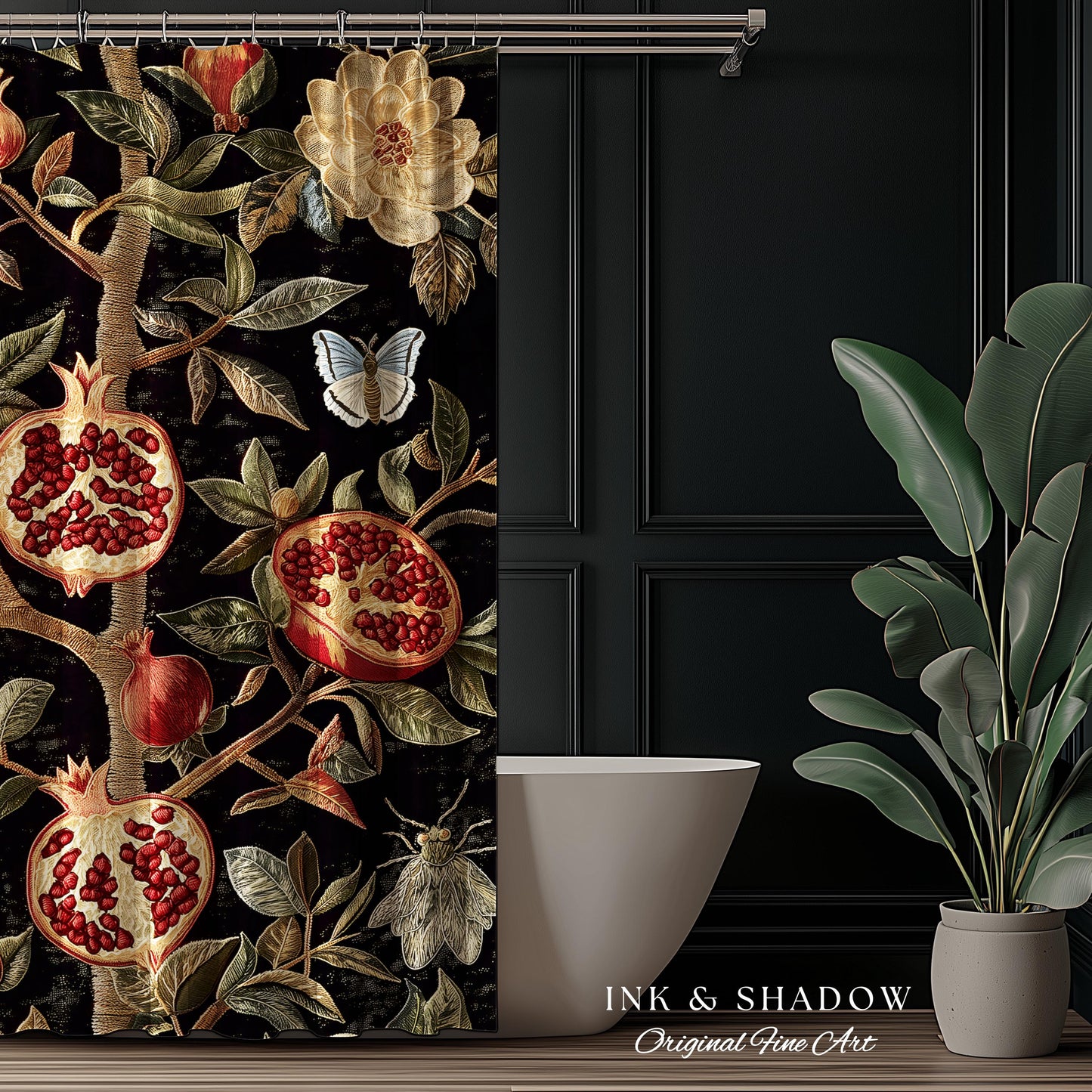 Gothic Pomegranate Shower Curtains Mystical Botanical | Baroque Inspired Dark Academia Floral Butterfly Fruit Whimsigothic Bathroom Decor |