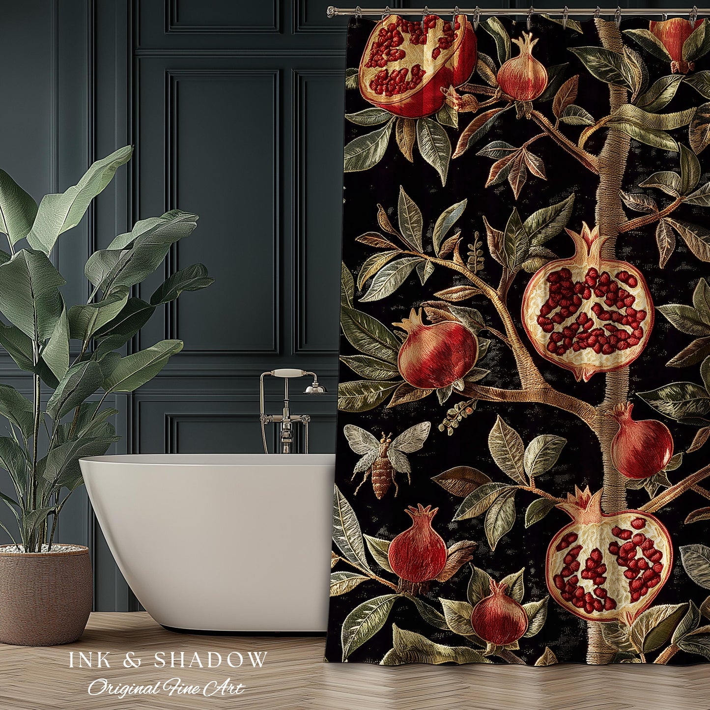 Gothic Pomegranate Shower Curtains Mystical Botanical | Baroque Inspired Dark Academia Floral Butterfly Fruit Whimsigothic Bathroom Decor |