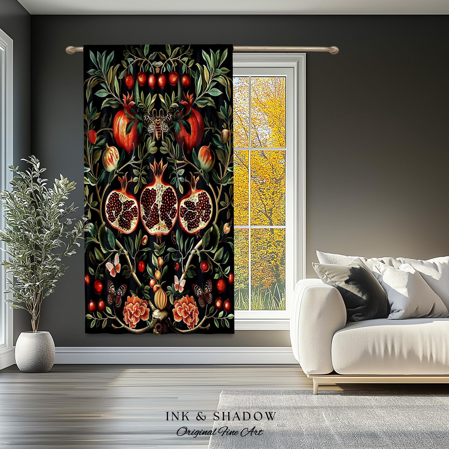 Botanical Pomegranate Drapes Enchanted Floral Whimsigothic Curtains | Dark Academia Woodland Gothic Vintage Cottagegoth Style Occult Decor