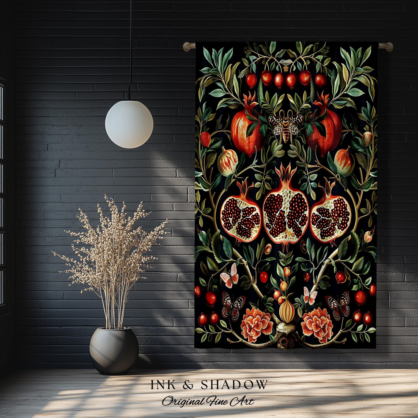 Botanical Pomegranate Drapes Enchanted Floral Whimsigothic Curtains | Dark Academia Woodland Gothic Vintage Cottagegoth Style Occult Decor