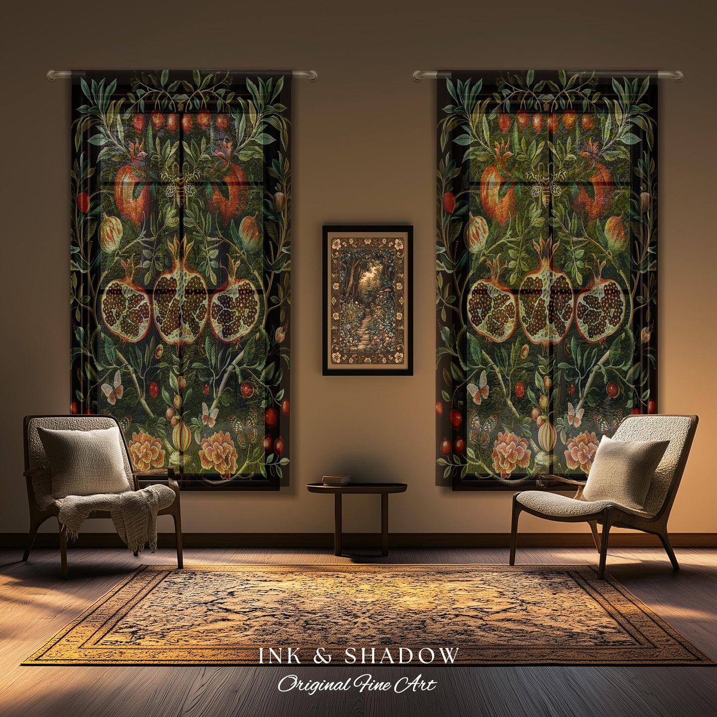 Botanical Pomegranate Drapes Enchanted Floral Whimsigothic Curtains | Dark Academia Woodland Gothic Vintage Cottagegoth Style Occult Decor