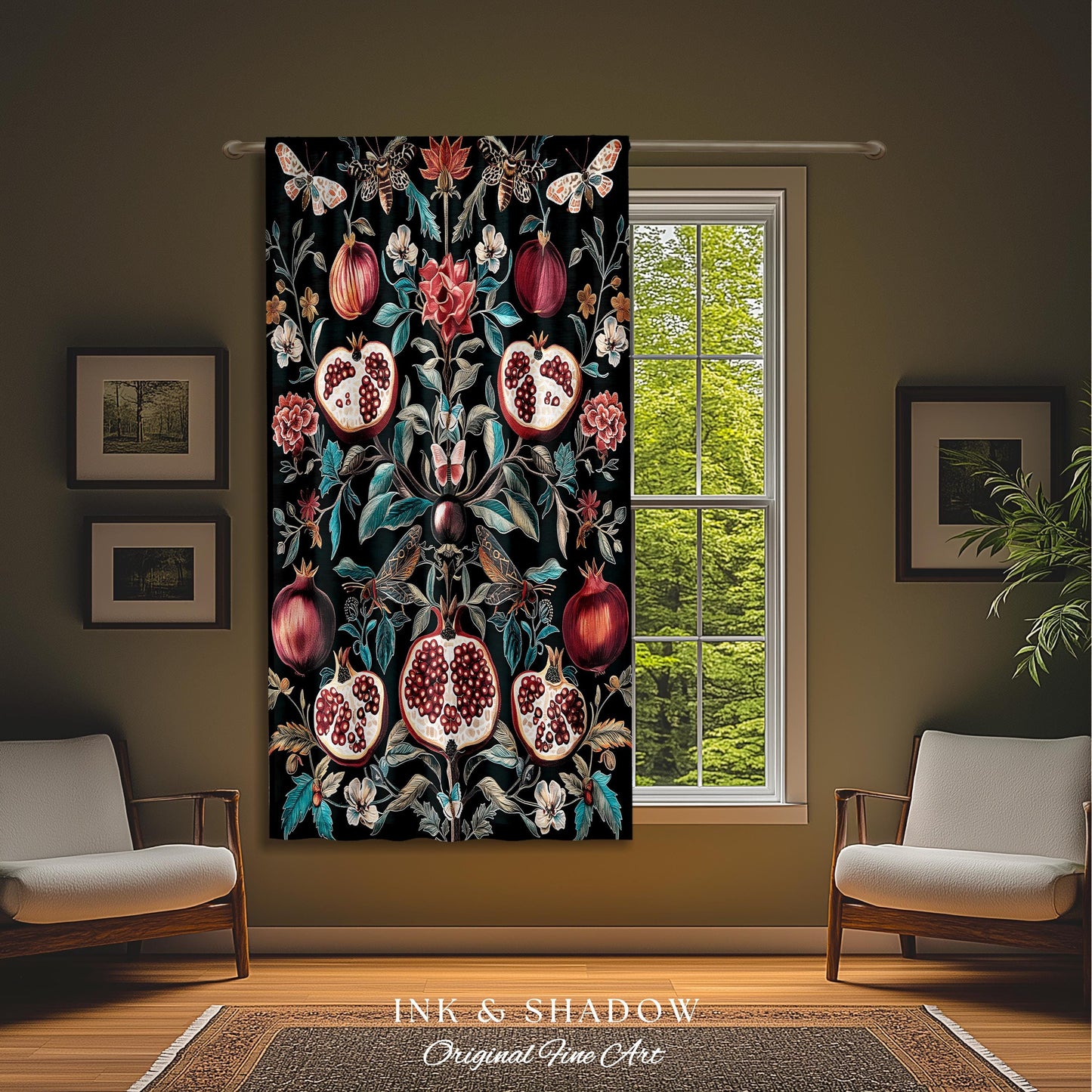 Woodland Gothic Pomegranate Botanical Curtain Enchanted Forest Nature Decor | Romantic Baroque Whimsical Floral Cottagecore Drapes Eclectic