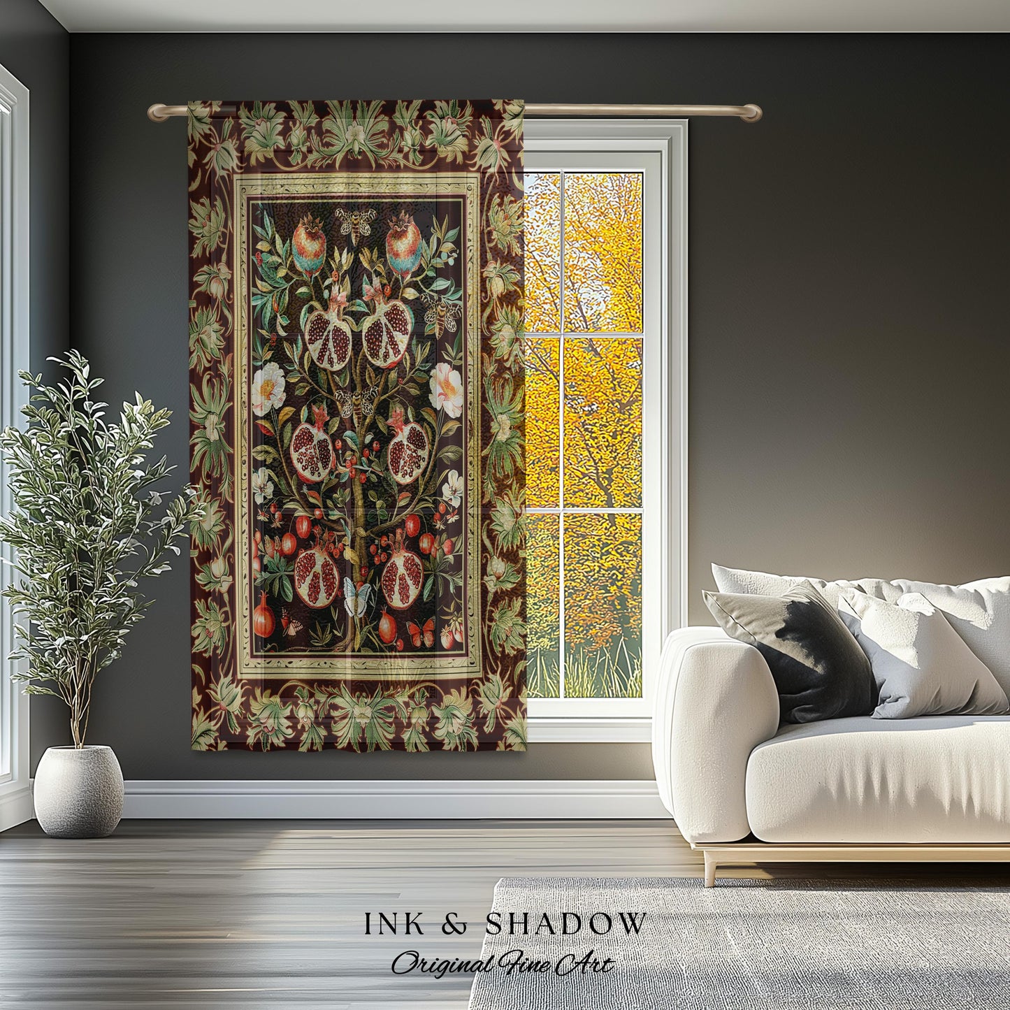 Antique Aesthetic Pomegranate Curtain Enchanted Garden Inspired Drapes | Dark Cottagecore Gothic Woodland Whimsy Floral Butterfly Moth Decor