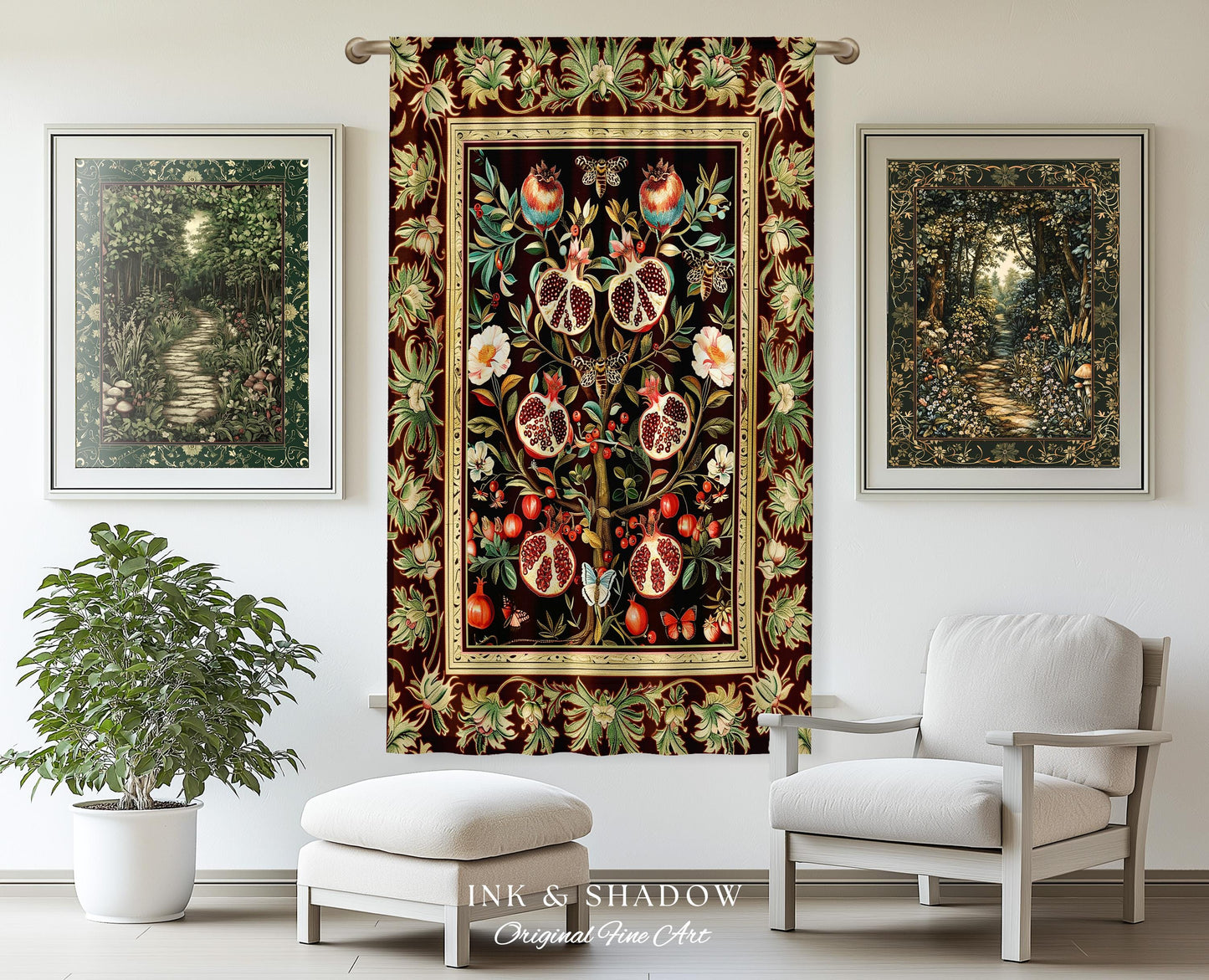 Antique Aesthetic Pomegranate Curtain Enchanted Garden Inspired Drapes | Dark Cottagecore Gothic Woodland Whimsy Floral Butterfly Moth Decor