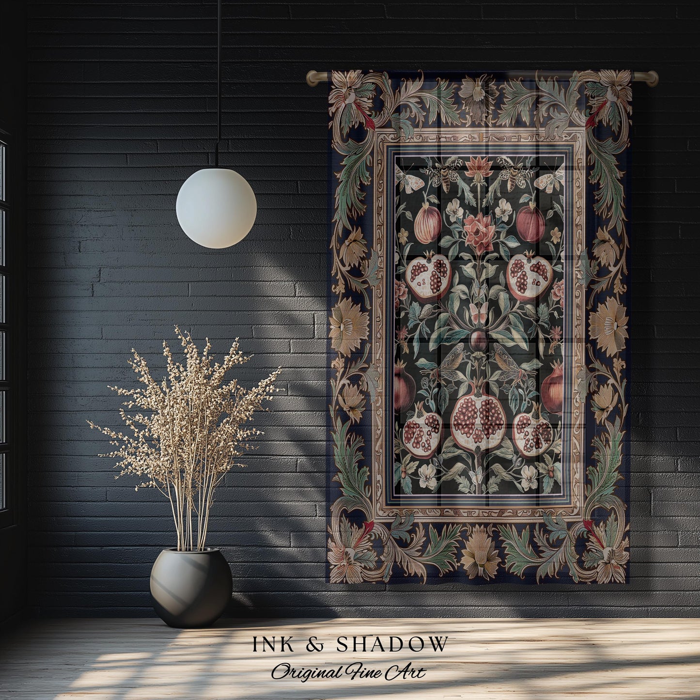 Baroque Botanical Pomegranate Curtain | Dark Floral Whimsigoth Butterfly Nature Curtains Cottagecore Medieval Style Drapes Fairycore Style