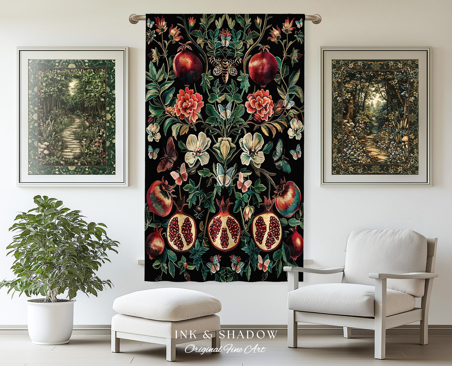 Ethereal Pomegranate Curtain Enchanted Botanical Drapes | Baroque Inspired Dark Academia Butterfly Moth Gothic Floral Fruit Decor Botanical