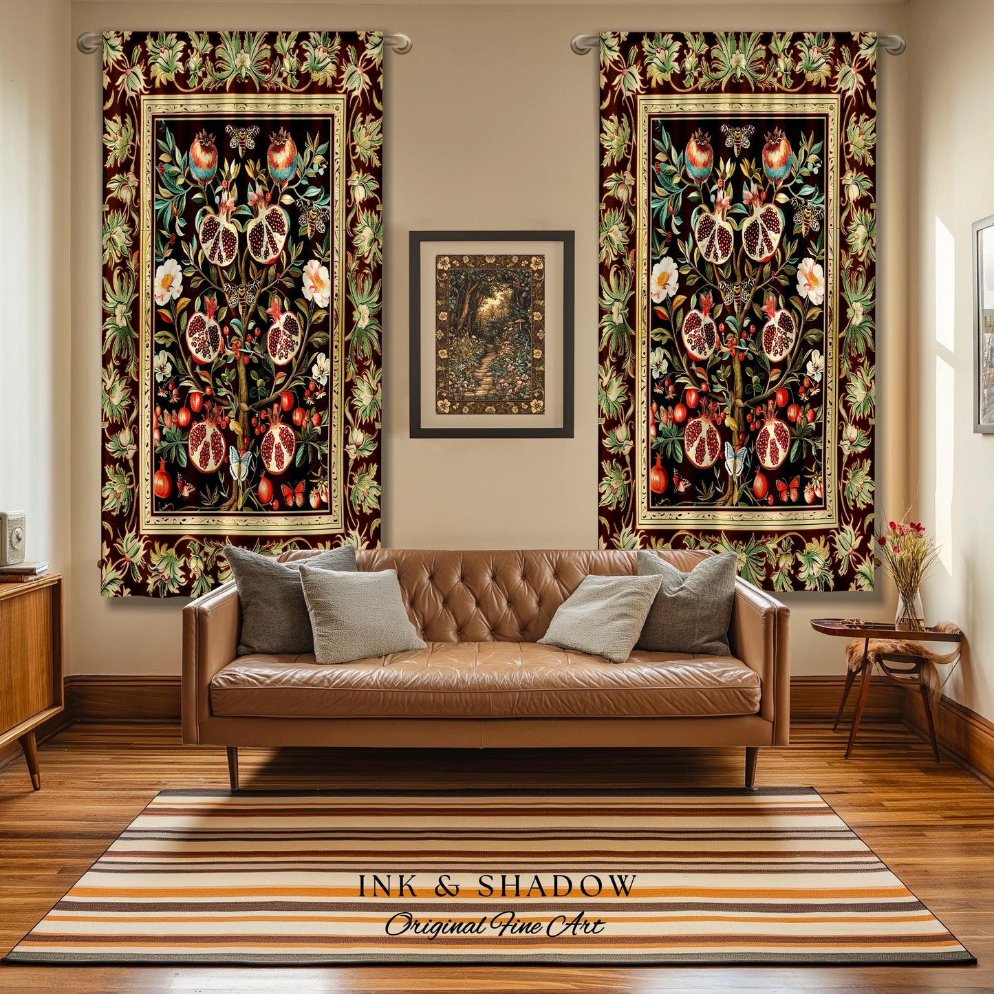 Antique Aesthetic Pomegranate Curtain Enchanted Garden Inspired Drapes | Dark Cottagecore Gothic Woodland Whimsy Floral Butterfly Moth Decor