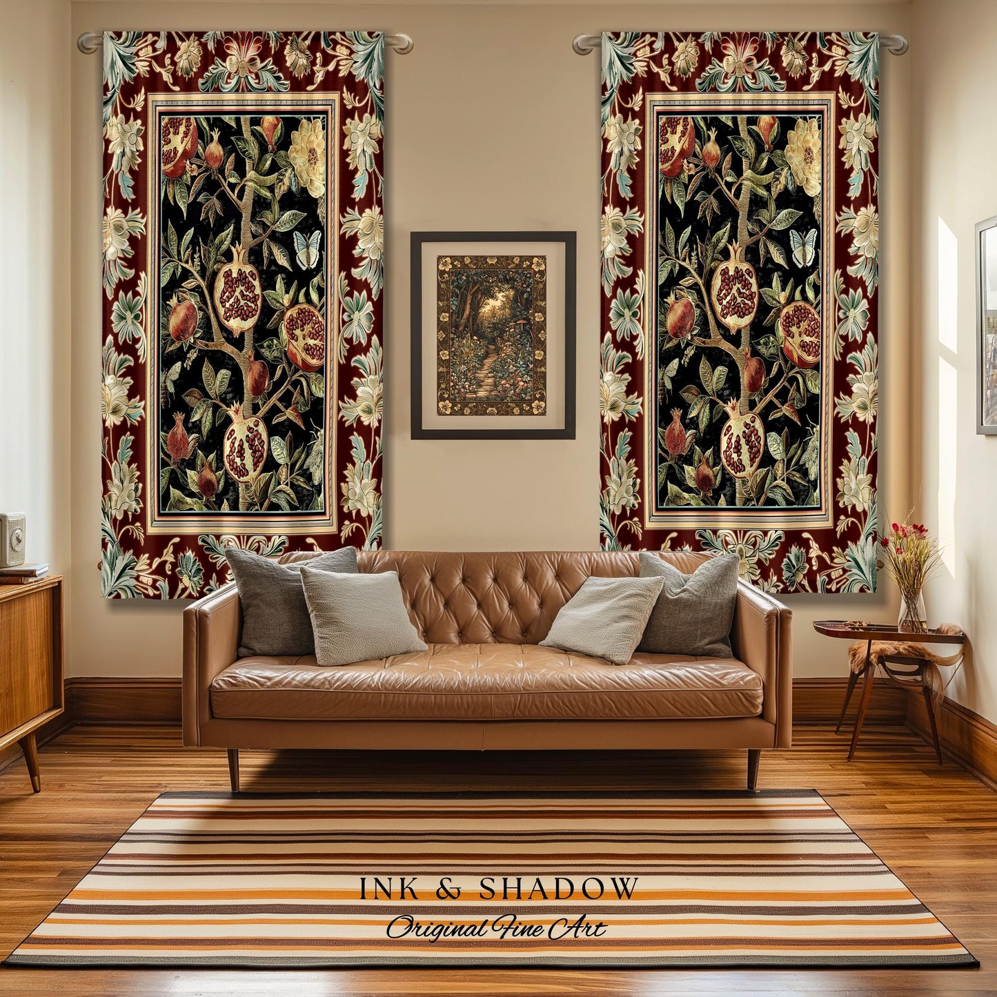 Floral Whimsigoth Vintage Pomegranate Art Nature Curtains Cottagegoth Botanical Baroque Elegance, Medieval Style Forestcore Drapes Whimsical