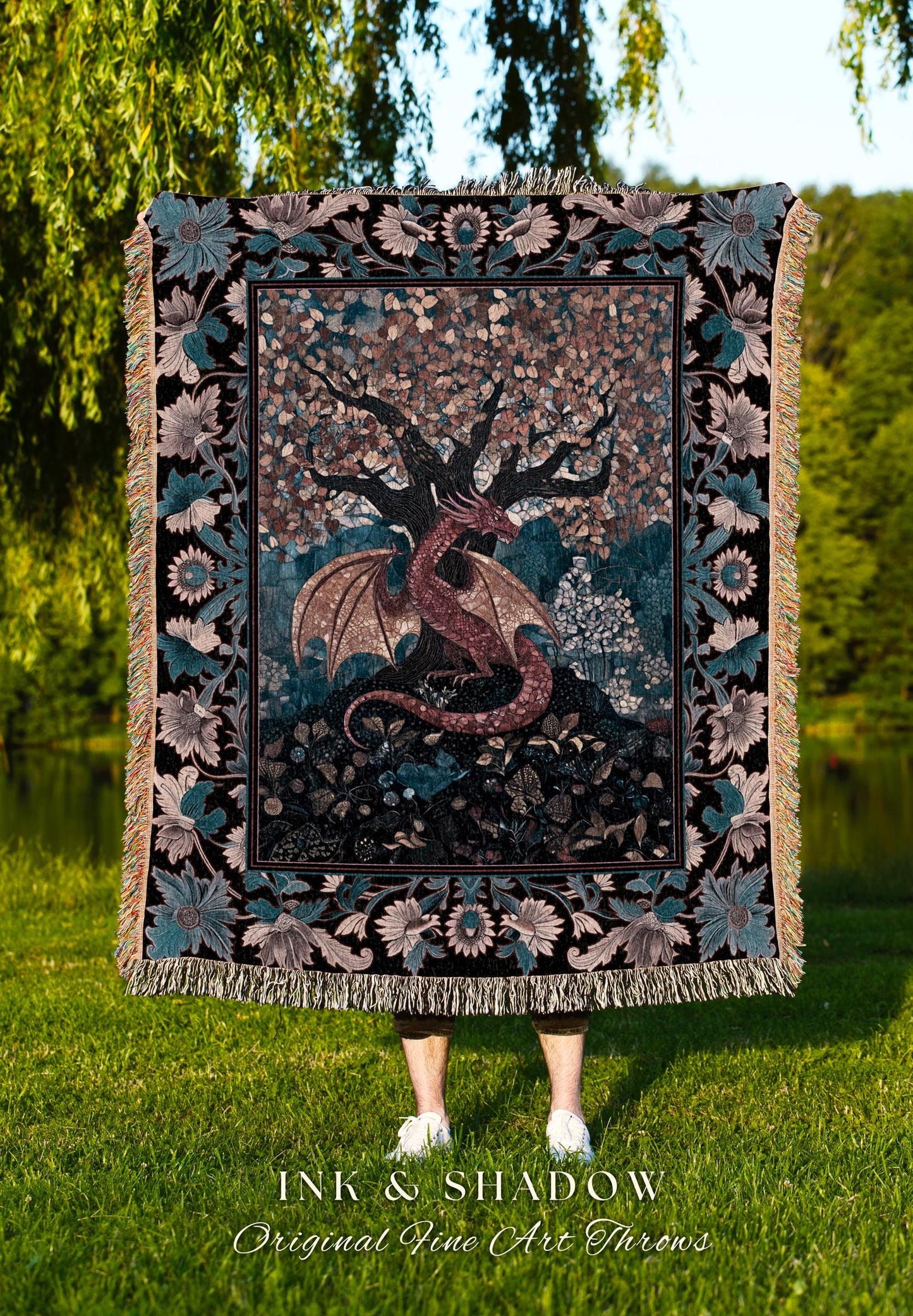 Mystic Serpent Dragon Cozy Throw Blanket | Medieval Whimsy Dark Academia Bedding Magical Aesthetic Tree Woven Wall Tapestry Fairytale Theme