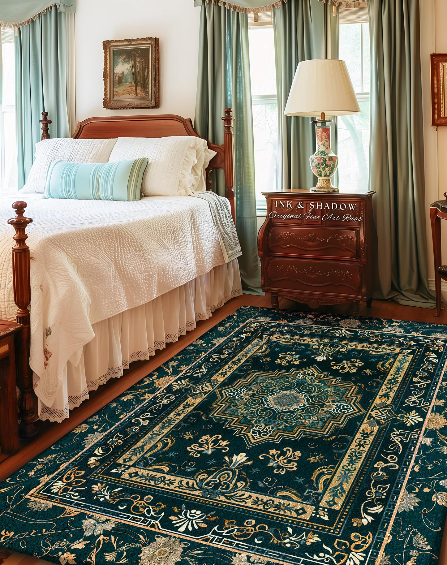 Gothic Maximalist Accent Rug | Forest Green Floor Rug Ornate Rug With Blue Green Detail Cottagecore Victorian Gothic Aesthetic Dark Teal |
