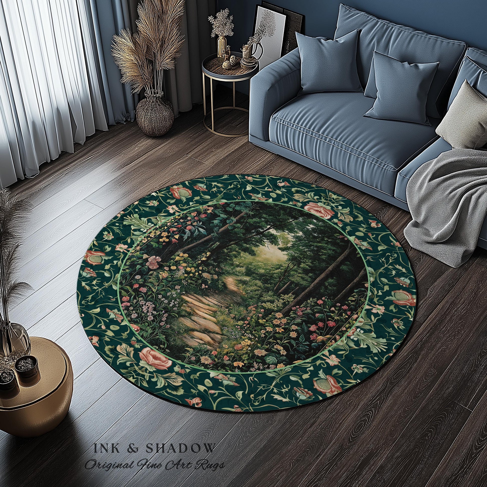 Woodland Forest Cottagecore Round Rug | Fairycore Aesthetic Magical Woodland Bedroom Emerald Green Home Decor Whimsigothic Floor Mat Indie |