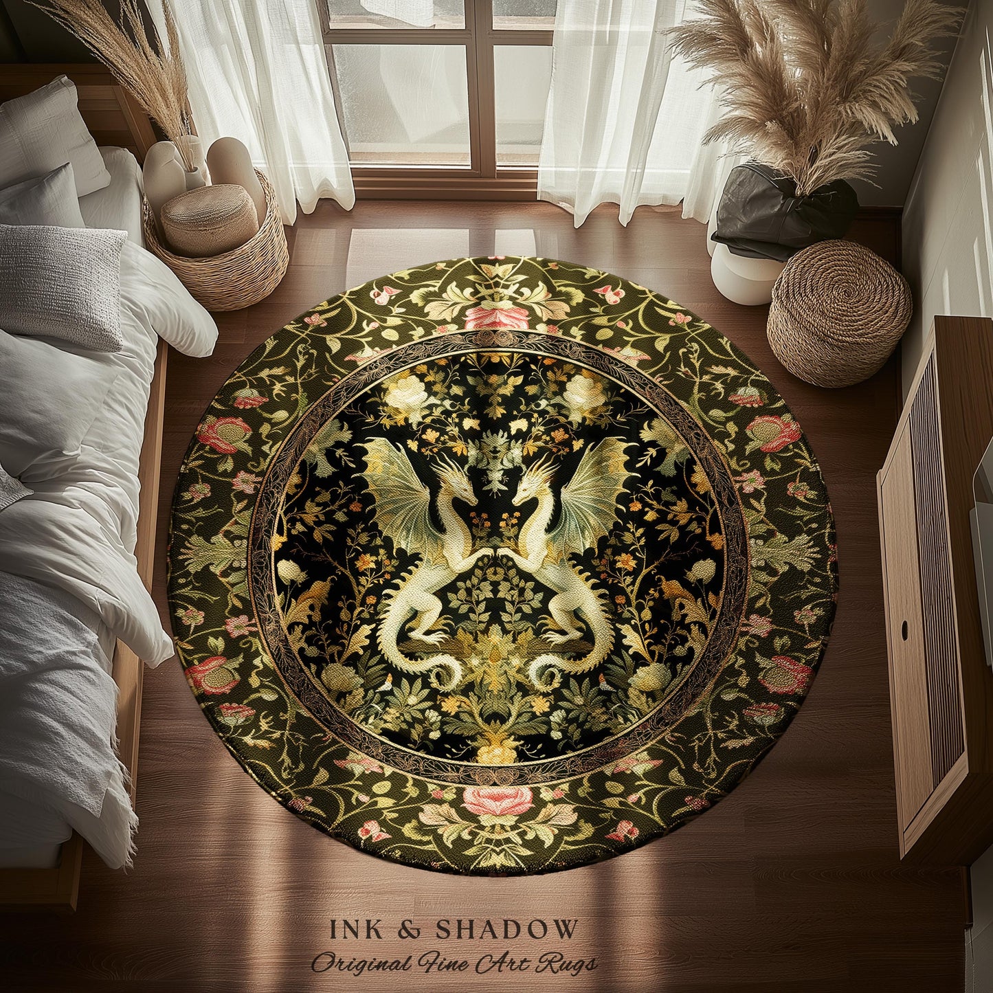 Ornate Antique Gold Folklore Aesthetic Baroque Dragon Round Area Rug | Enchanting Art Deco Goth Decor Maximalist Fantasy Mystic Home Accent