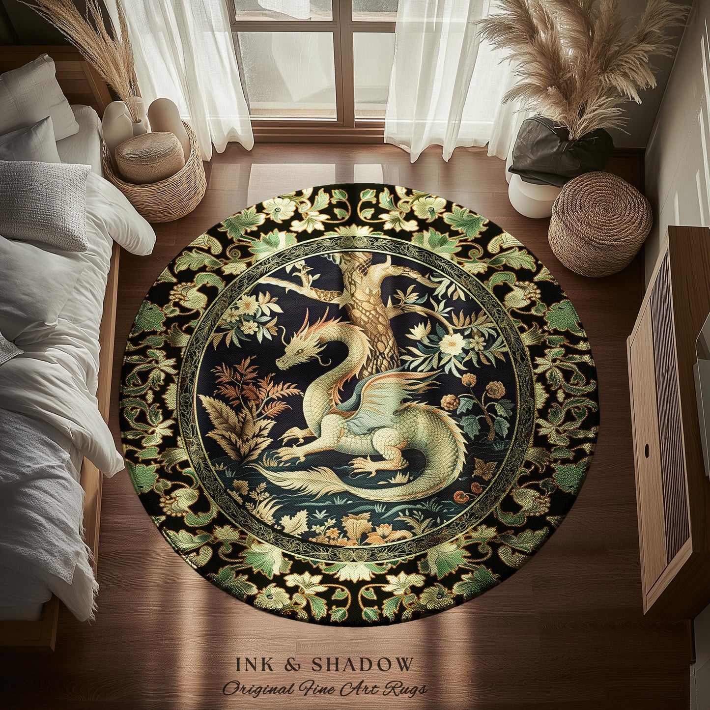 Mystical Fantasy Dragon Round Area Rug Enchanting Dark Nature | Ancient Aesthetic Chinese Dragon Art Ethereal Dragon Decoration Forestcore