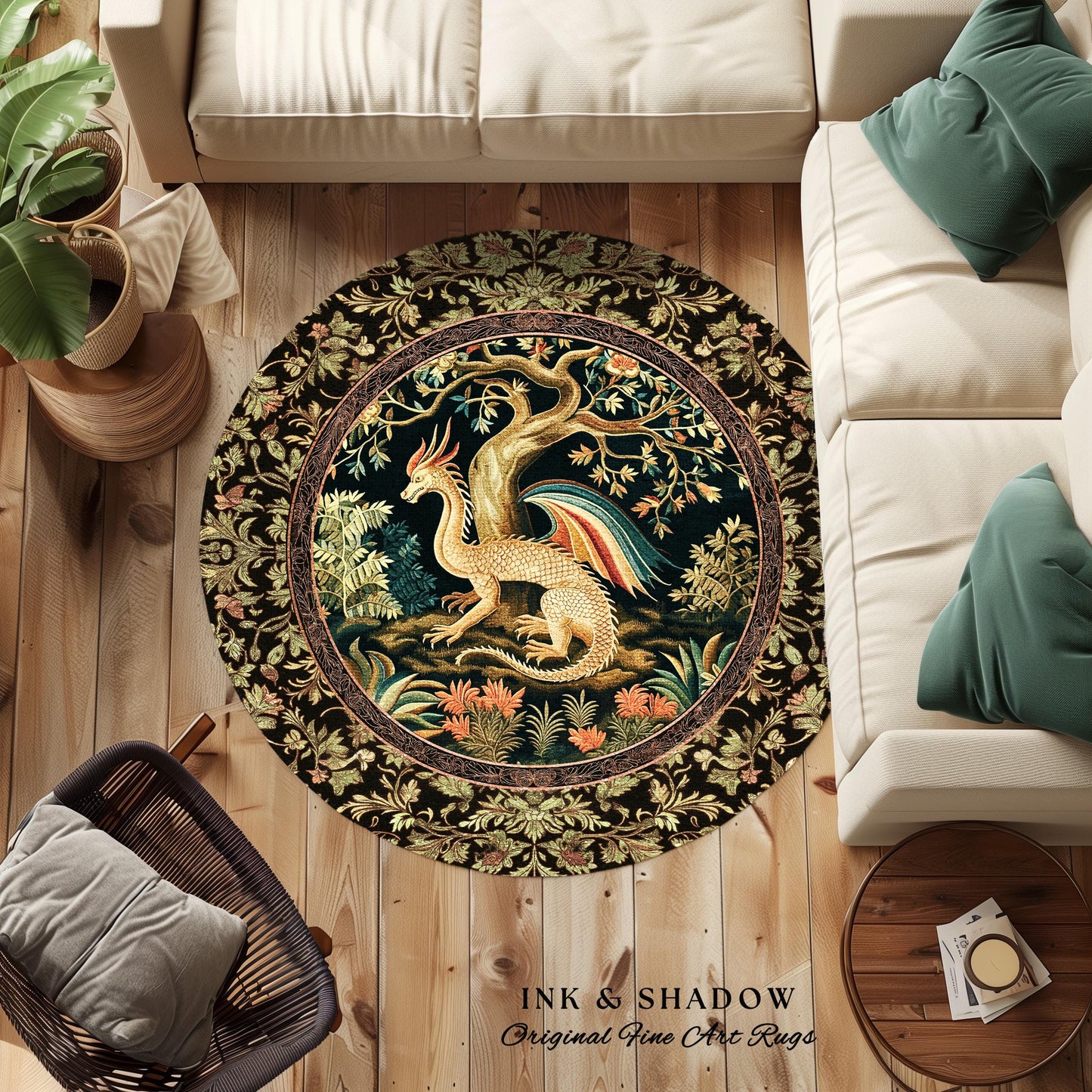 Baroque Dragon Fantasy Round Area Rug | Dark Medieval Enchanting Nature Accent Ancient Aesthetic Ethereal Storybook Home Accent Forestcore