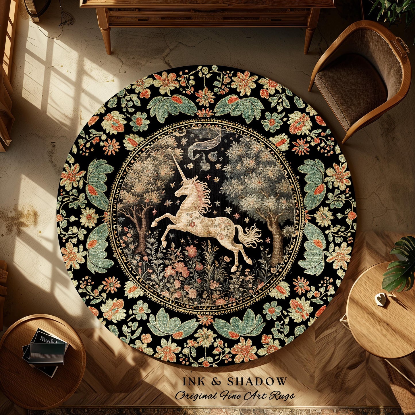 Ethereal Unicorn Whimsical Round Area Rug | Folklore Nursery Decor William Morris Inspired Cottagecore Aesthetic Woodland Pastel Magical |