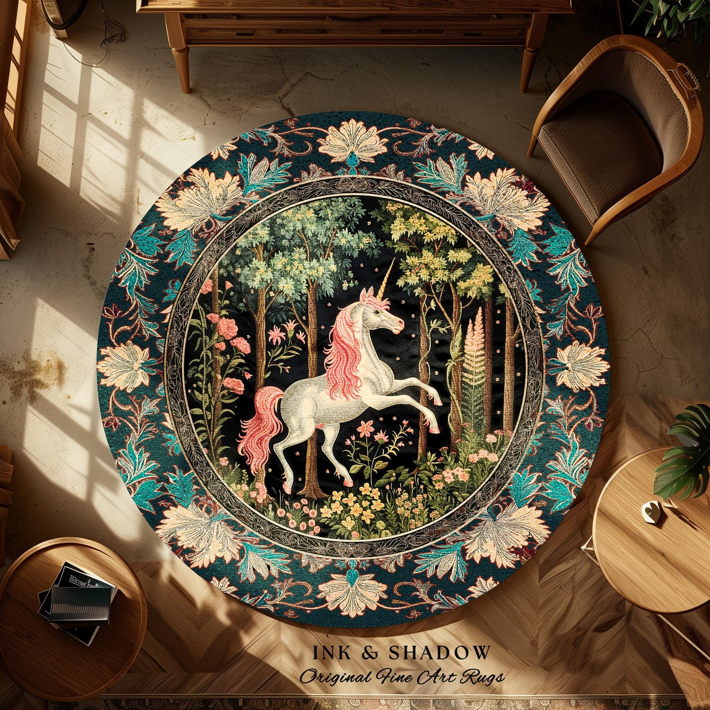 Mystical Woodland Round Unicorn Rug Whimsical Fairycore Romantic Baroque Aesthetic, Enchanted Nursery Forest Art Cute Cottagecore Round Rug