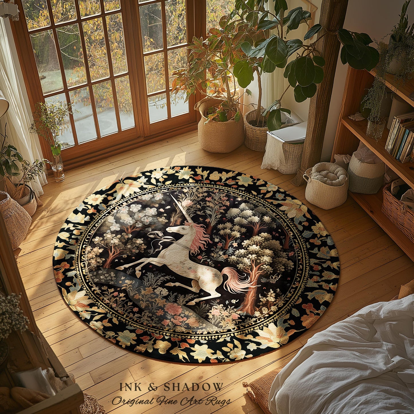 Celestial Unicorn Aesthetic Round Area Rug | Folklore Aesthetic Room Decor Morris Inspired Cottagecore Cozy Fairycore Unicorn Rug Mystical