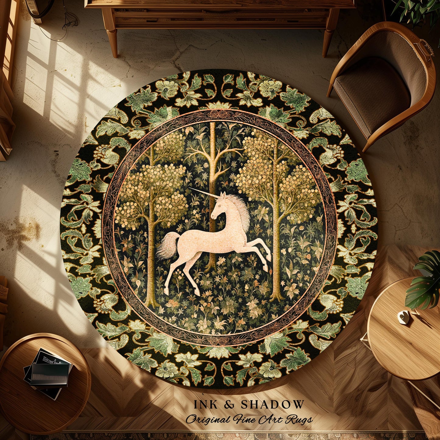 Magic Aesthetic Unicorn Round Area Rug Cottagecore Style, Dark Academia Folklore Decor Maximalist Fantasy Art Enchanted Fairytale Accent
