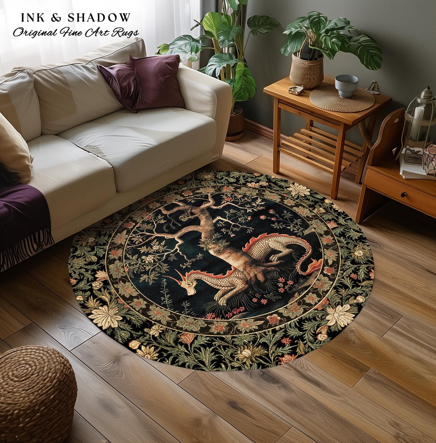 Woodland Mysticism Round Floor Rug | Ethereal Gothic Book Nook Decor Fairy Bedroom Magic Aesthetic Maximalist Cottagecore Dragon Lover Gift