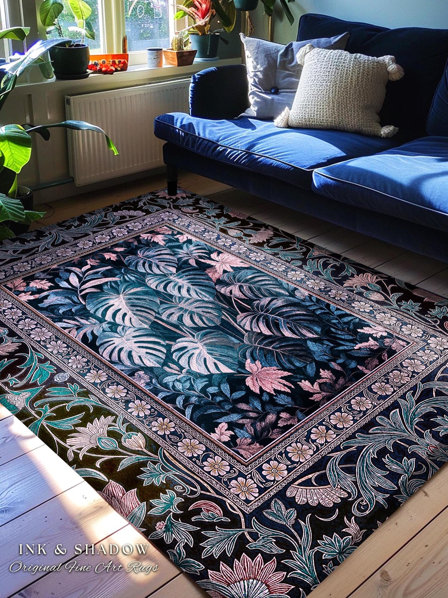 Misty Purple Tropical Jungle Rug | Houseplant Leaf Area Rug Witchy Ethereal Aesthetic Monstera Deliciosa Dark Forestcore Gothic Bedroom |
