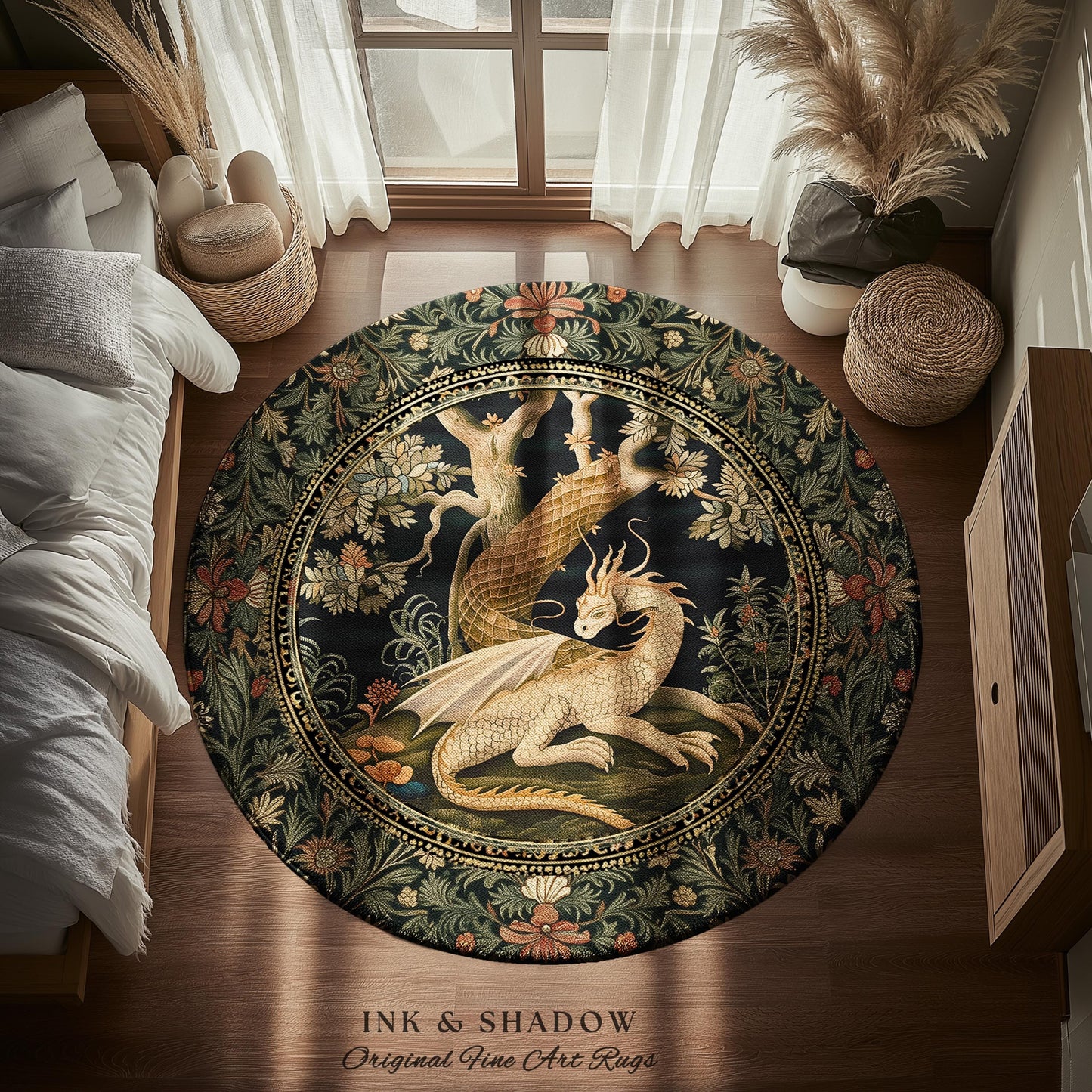 Dark Medieval Dragon Aesthetic Round Area Rug | Folklore Room Decor Fairytale Inspired DnD Gift Dark Cottagecore Fairycore Game Room Decor