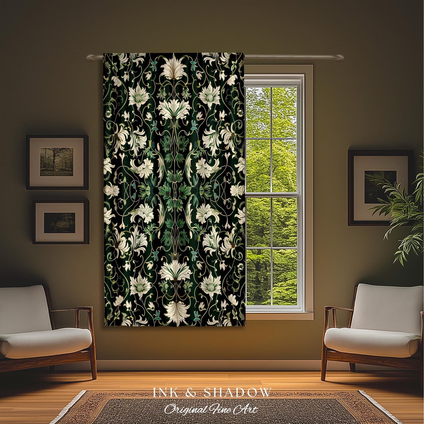 Art Nouveau Emerald Window Drapes | Dark Moss Toned Bedroom Panel Medieval Revival Rococo Renaissance Ethereal Room Accent Whimsical Theme |