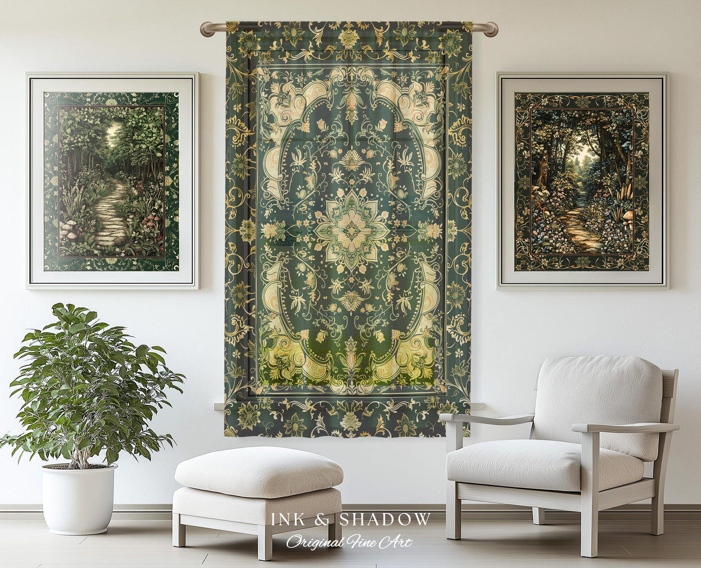 Gothic Baroque Emerald Curtain Panels | Enchanted Cottagecore Aesthetic Romantic Interior Style Soft Gothic Decor Baroque-Inspired Drapes |