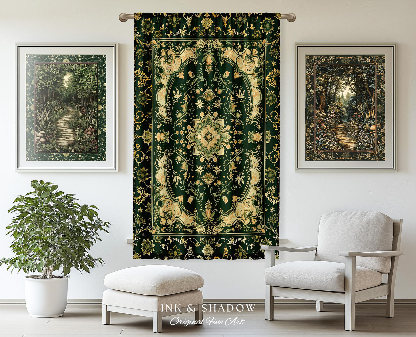 Gothic Baroque Emerald Curtain Panels | Enchanted Cottagecore Aesthetic Romantic Interior Style Soft Gothic Decor Baroque-Inspired Drapes |