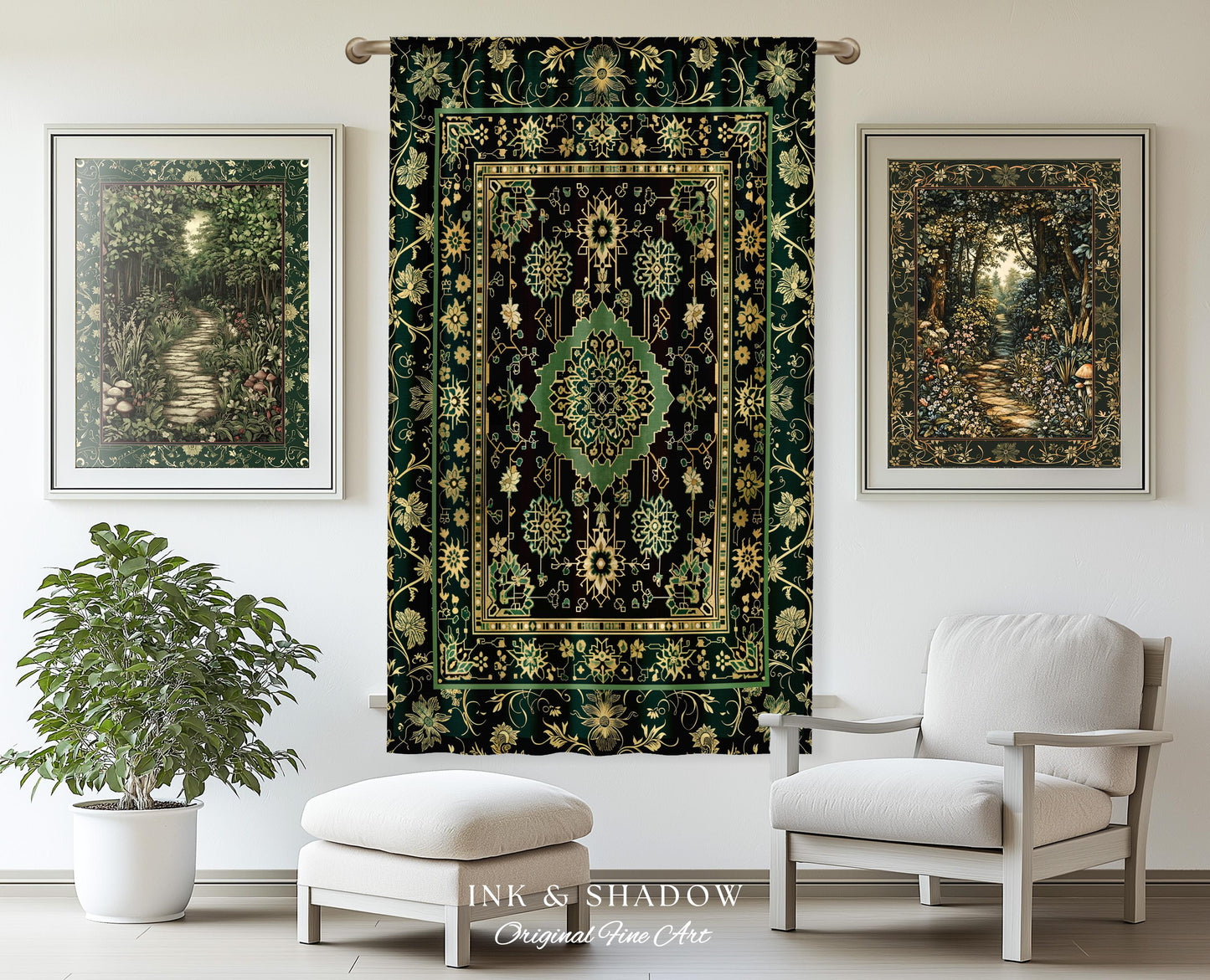 Dark Academia Emerald Curtains | Cozy Reading Nook Window Drapes Ornate with Blue Green Detail Cottagecore Victorian Gothic Aesthetic Decor