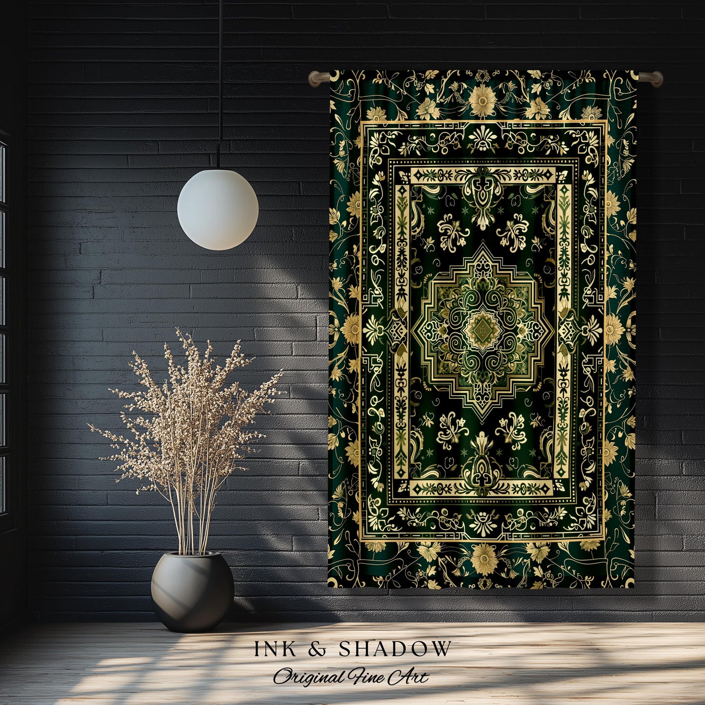 Gothic Maximalist Accent Curtain | Forest Green Window Drapes Ornate With Blue Green Detail Cottagecore Victorian Gothic Aesthetic Dark Teal
