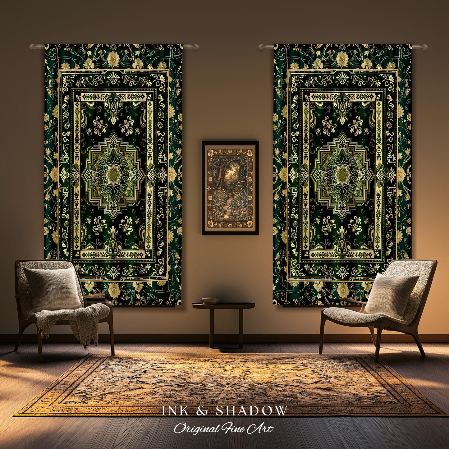 Gothic Maximalist Accent Curtain | Forest Green Window Drapes Ornate With Blue Green Detail Cottagecore Victorian Gothic Aesthetic Dark Teal