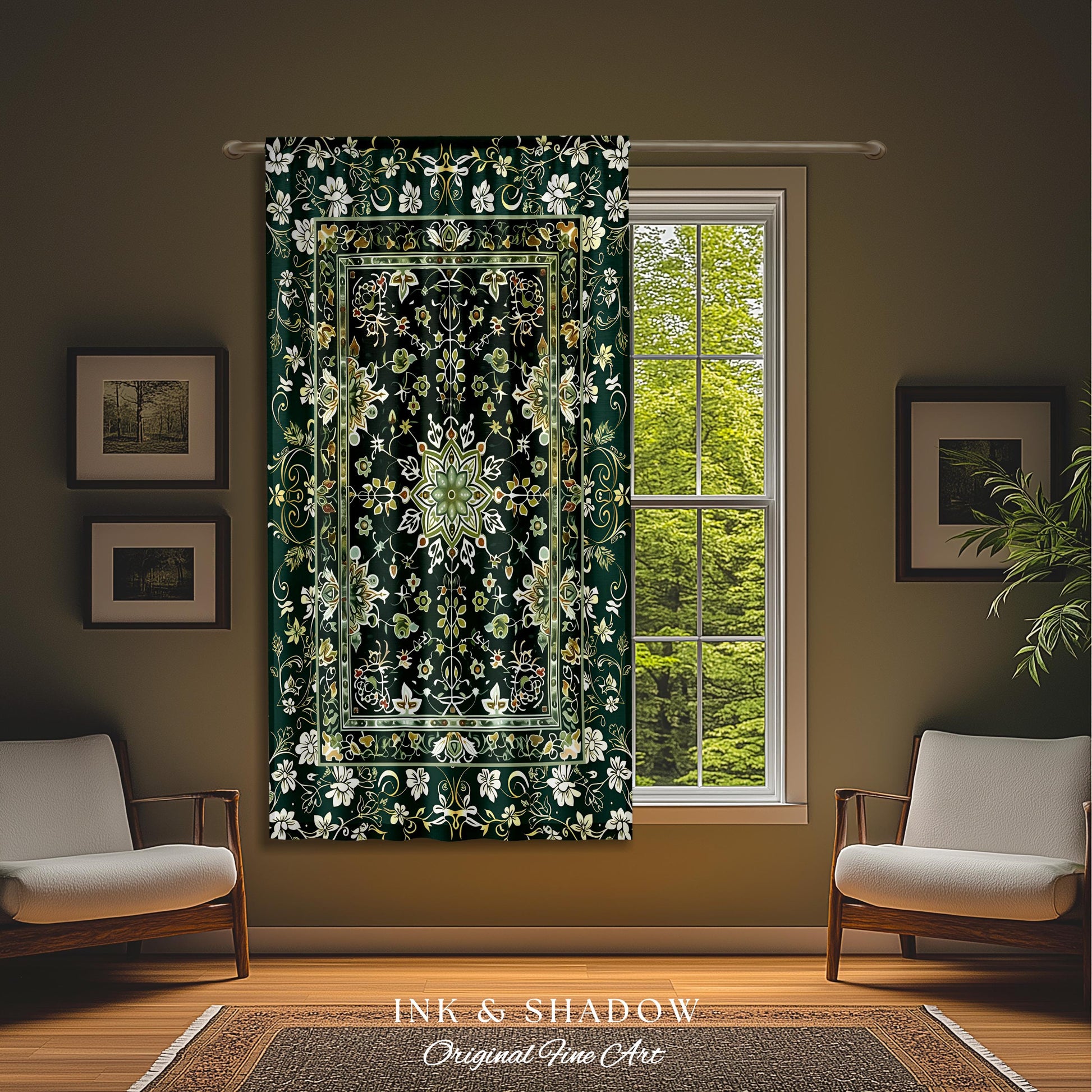 Moody Emerald Green Curtains | Persian Green Window Drapes Ornate with Blue Green Detail Dark Academia Victorian Gothic Aesthetic Dark Teal