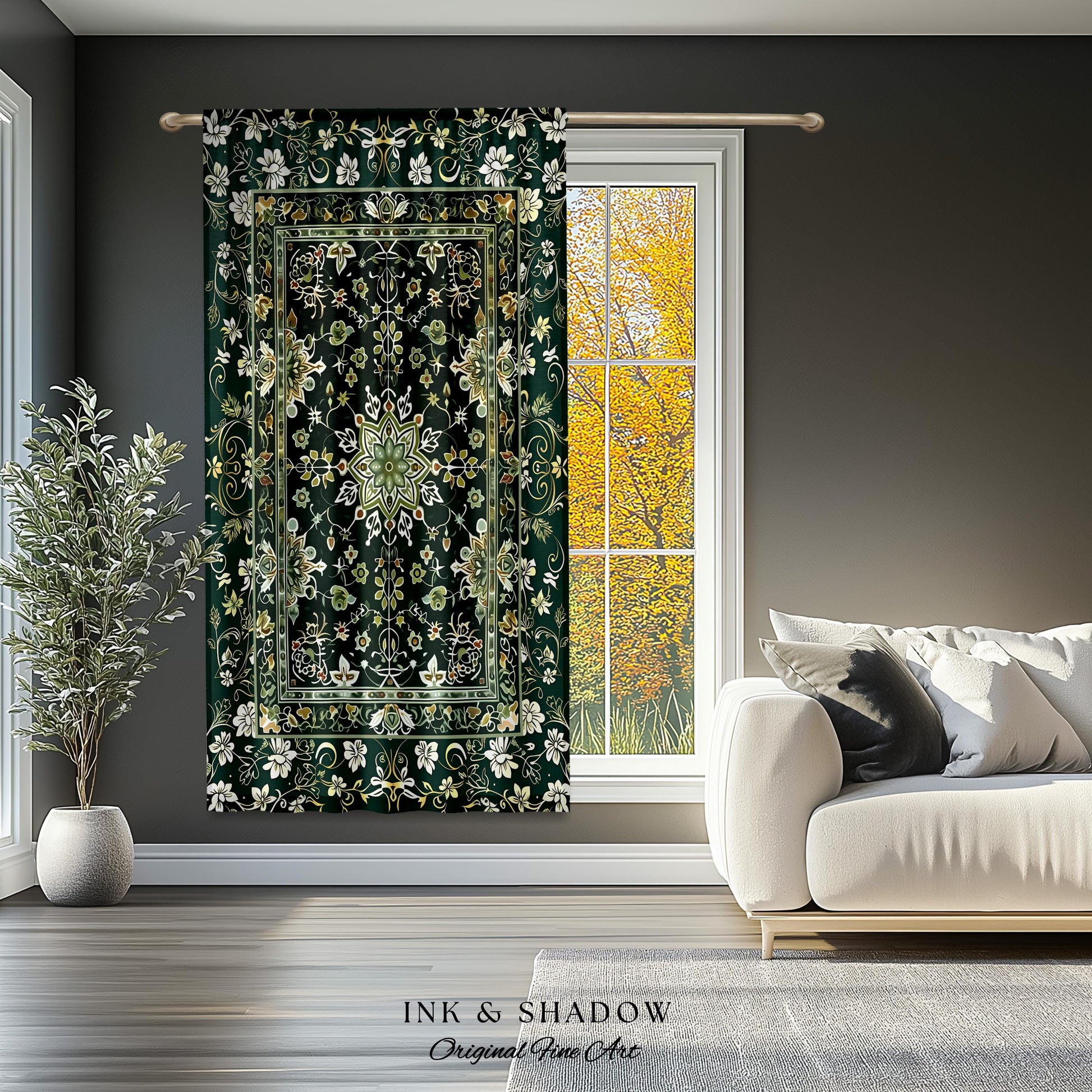 Moody Emerald Green Curtains | Persian Green Window Drapes Ornate with Blue Green Detail Dark Academia Victorian Gothic Aesthetic Dark Teal