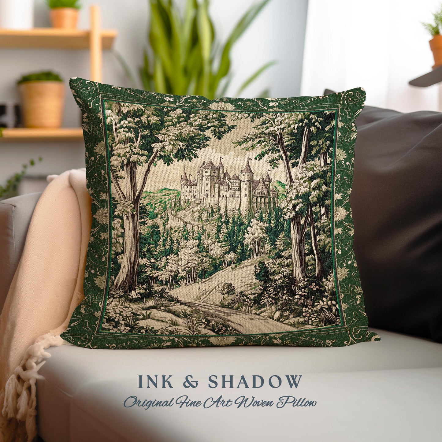 Fairytale Forest Botanical Throw Pillow | Mystic Aesthetic Woodland Home Magical Decor Plant Loving Bedroom Housewarming Gift Emerald Woods