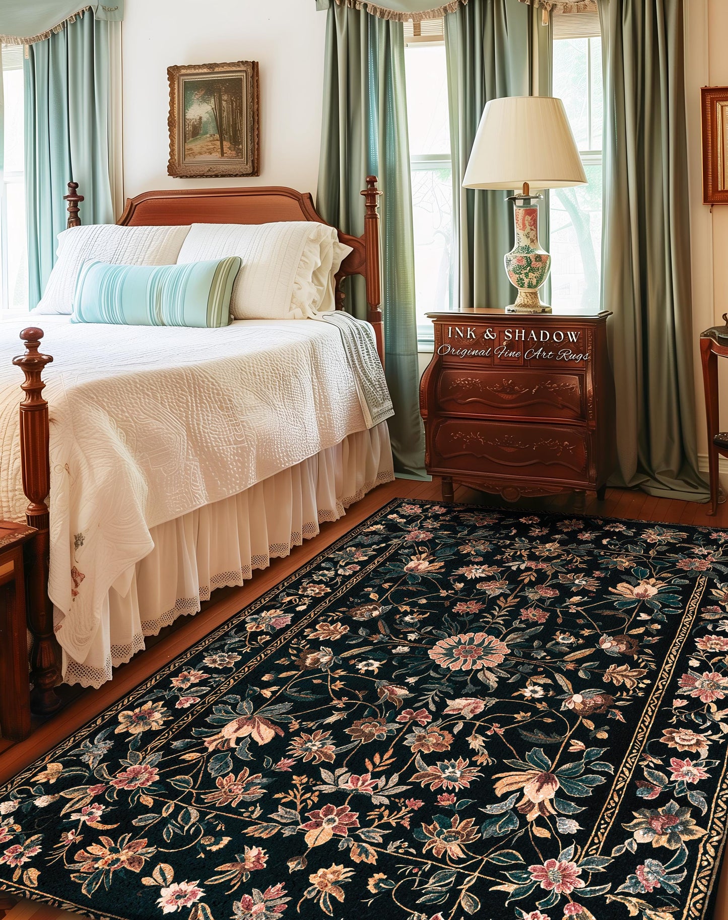 Enchanted Garden Floral Folk Art Rug, Romantic Dark Cottagecore Decor Victorian Aesthetic Fairytale Bedroom Art Accent Whimsical Rustic Home