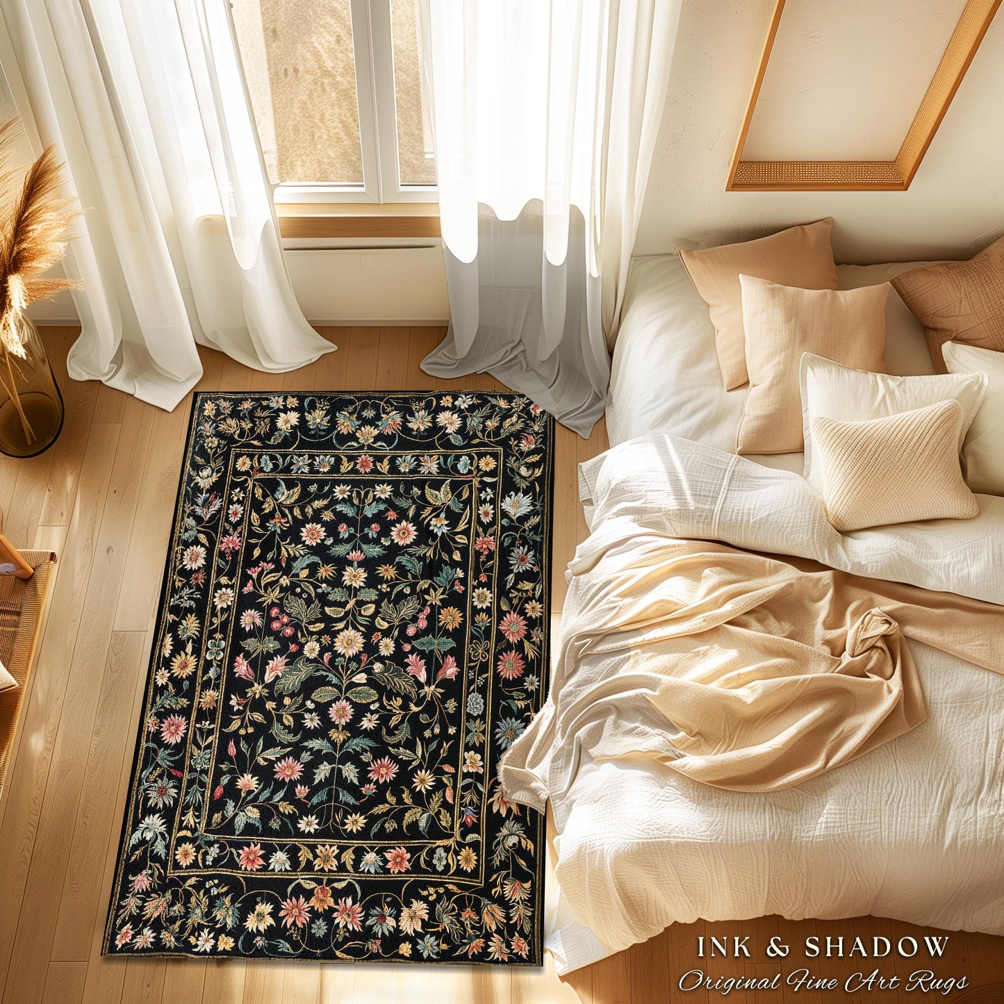 Charming Countryside Floral Field Folk Art Rug, Rustic Wildflower Botanical Cottagecore Decor Ethereal Home Victorian Garden Folklore Accent
