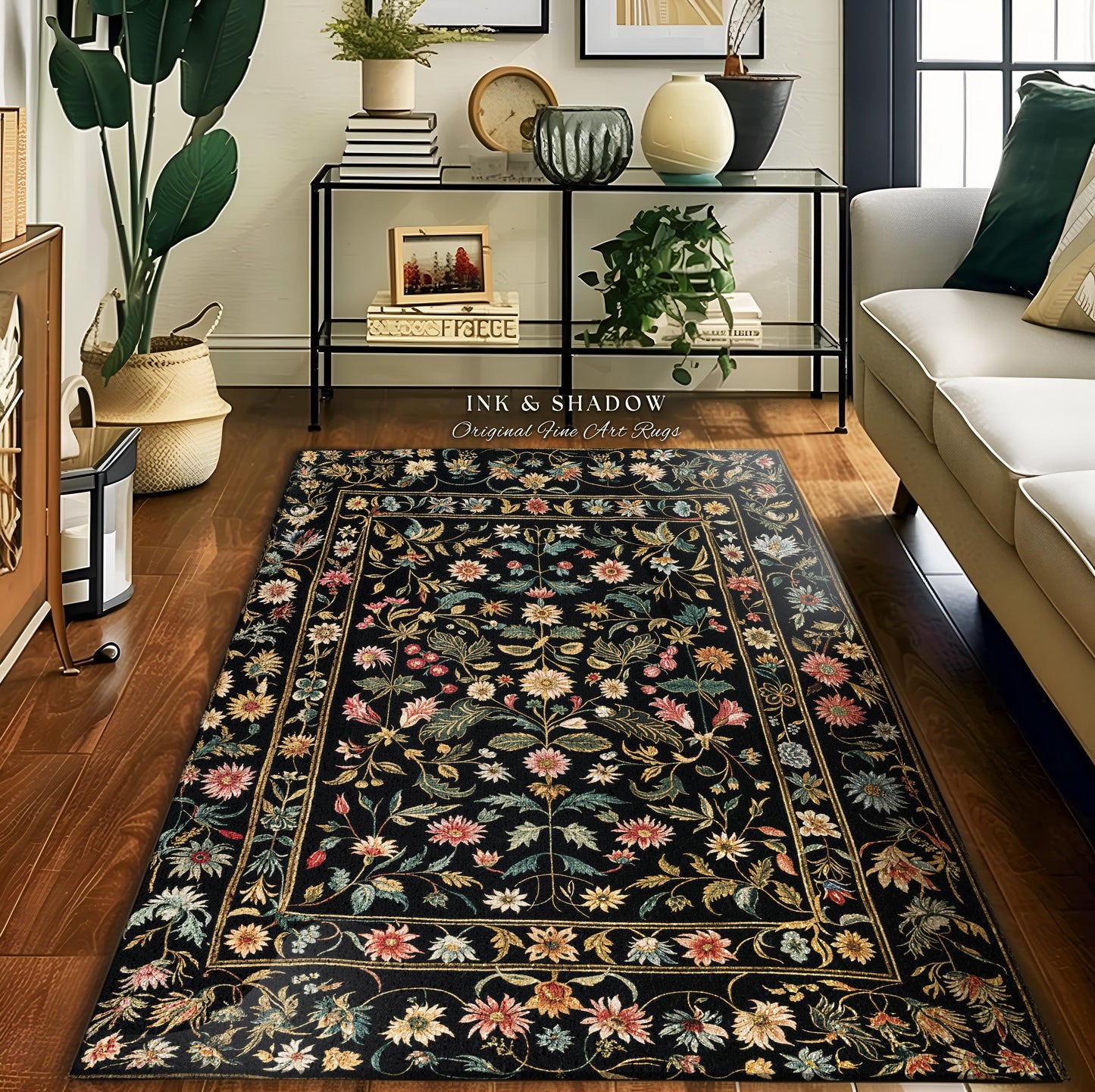 Charming Countryside Floral Field Folk Art Rug, Rustic Wildflower Botanical Cottagecore Decor Ethereal Home Victorian Garden Folklore Accent