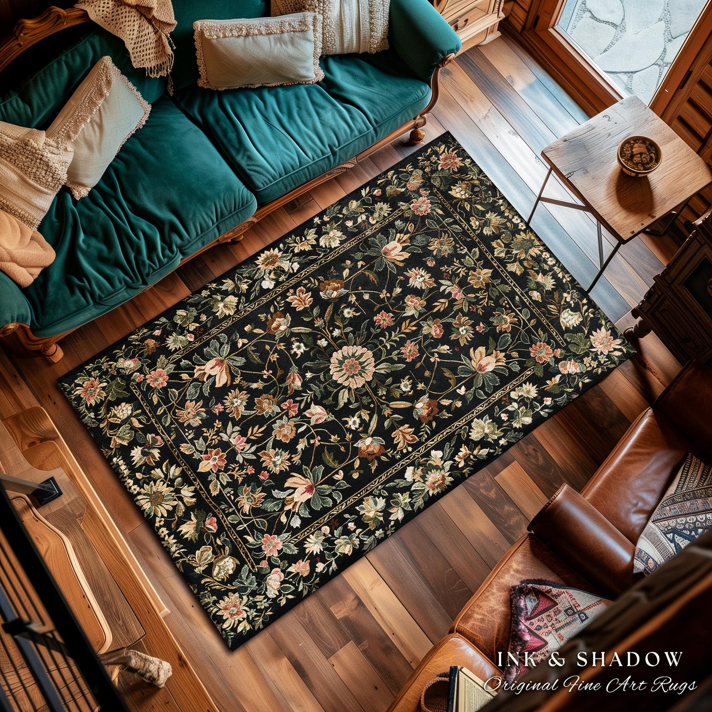 Victorian Folk Art Floral Rose Garden Rug | Dark Cottagecore Fairytale Decor Romantic Rustic Living Room Whimsical Vintage Aesthetic Accent