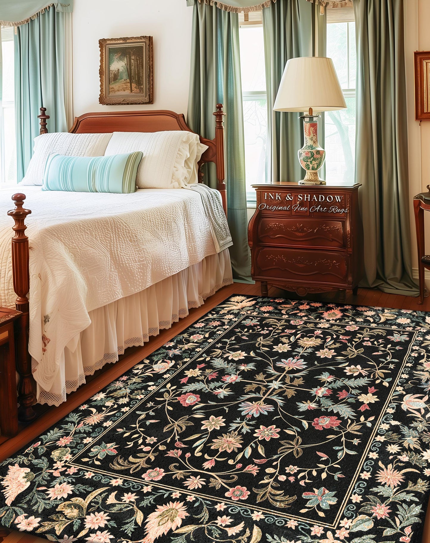 Ornate Baroque Pastel Florals Rug | Rococo Inspired Romantic Decor Vintage Botanical Aesthetic Cottagecore Bedroom Whimsical Elegant Accent