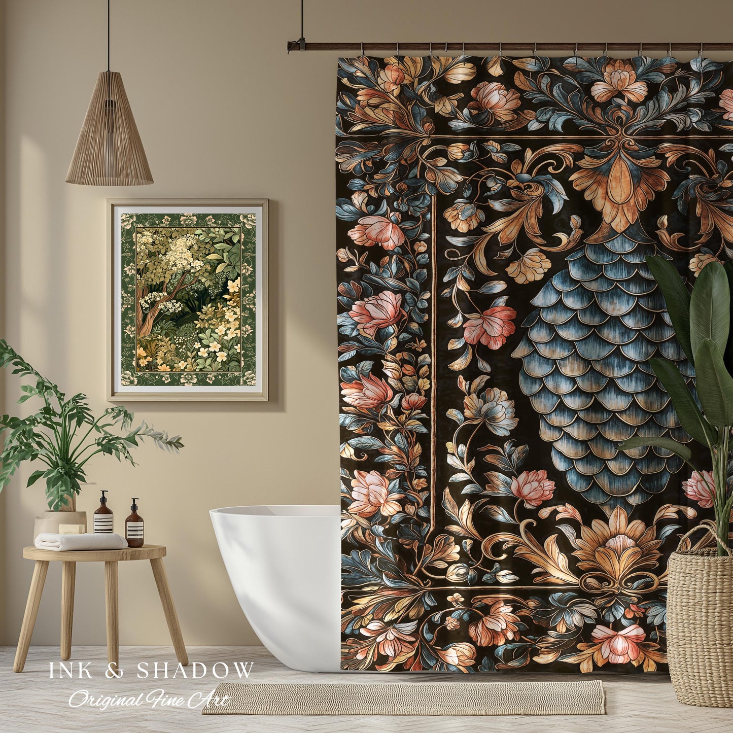 Book Nook Elegant Dragon Scale Shower Curtain | Whimsical Ornate Victorian Pastel Bathroom Dark Academia Moody Botanical Coquette Aesthetic
