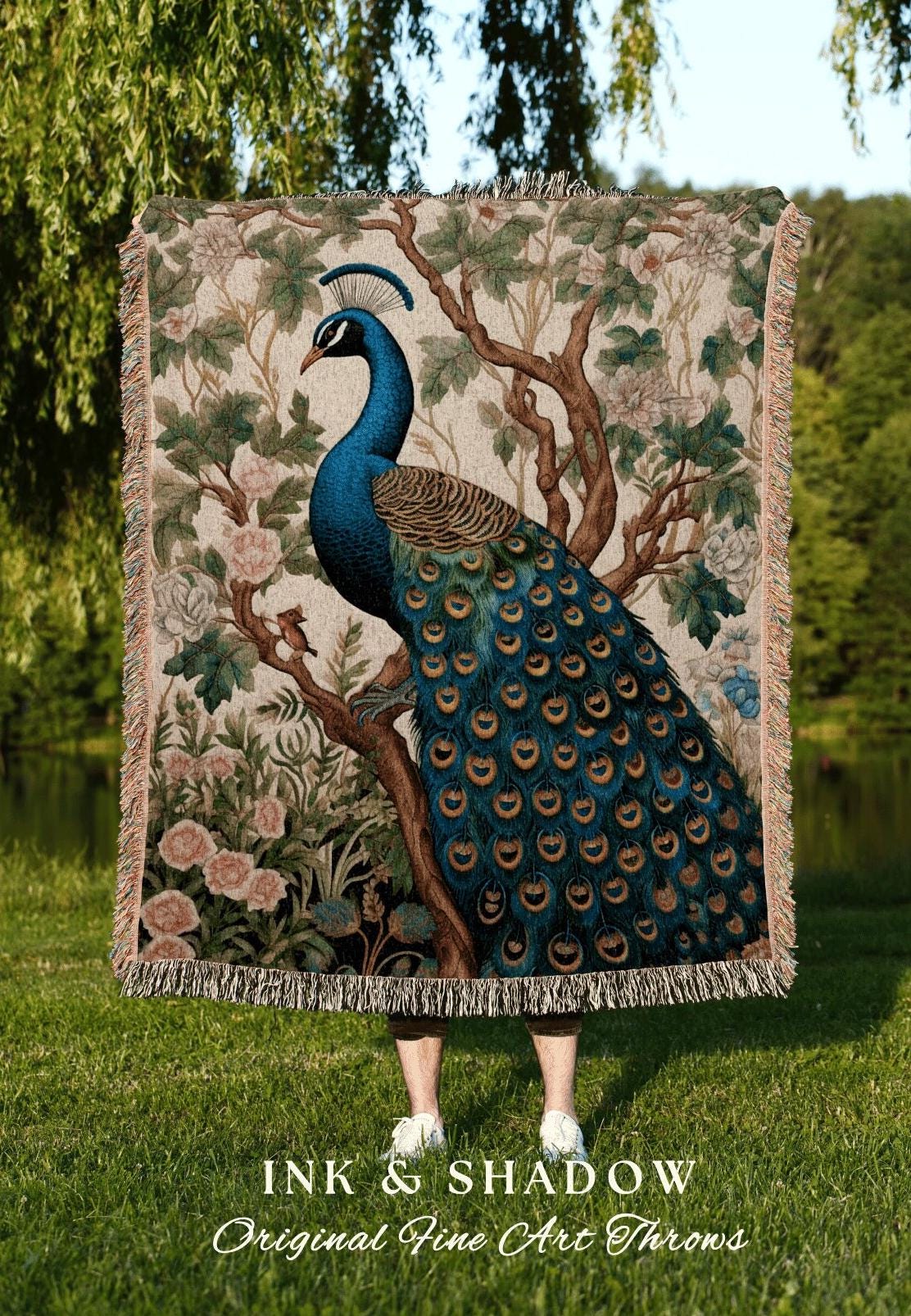 Peacock Throw Blanket Boho | William Morris Inspired Decor Forestcore Room Design Maximalist Tapestry Woven Botanical Fairy Grunge Aesthetic