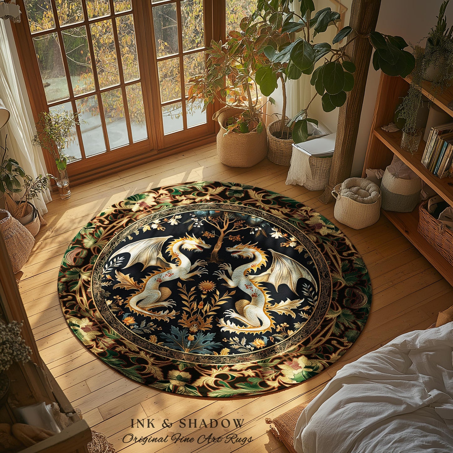 Rococo Dragon Round Area Rug Ornate Baroque Art Nouveau Inspired Folklore Decor | Antique Aesthetic Maximalist Fantasy Home Statement Piece